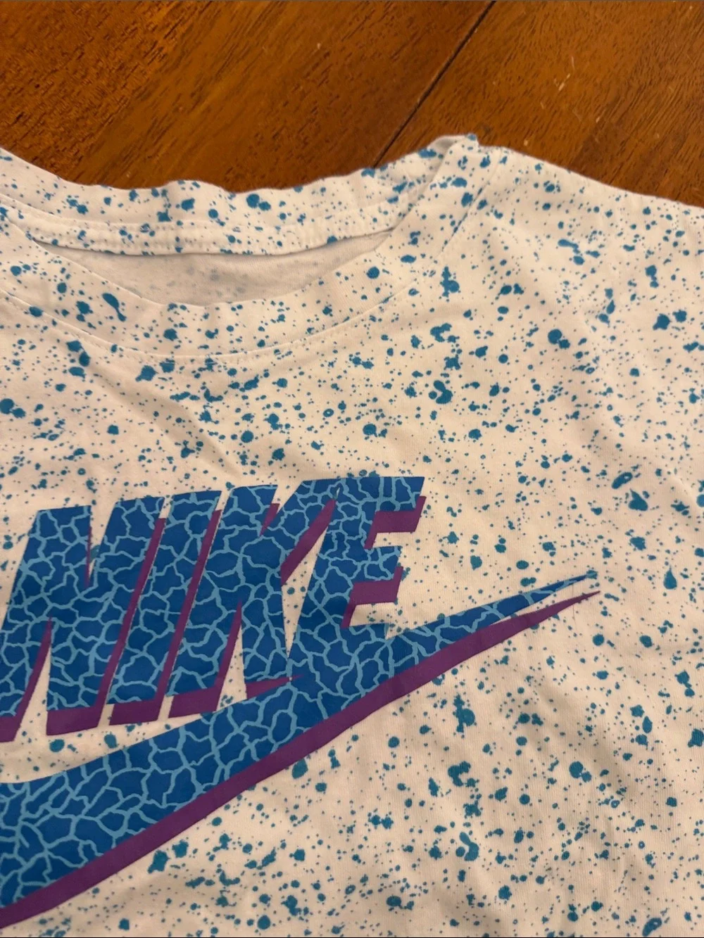 Nike White Tee with Blue Speckle and Purple-Blue Logo xxl